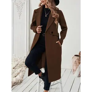 Women’s Slim Fit Camel Wool Blend Peacoat with Notched Collar and Belt, Long Coat for Fall