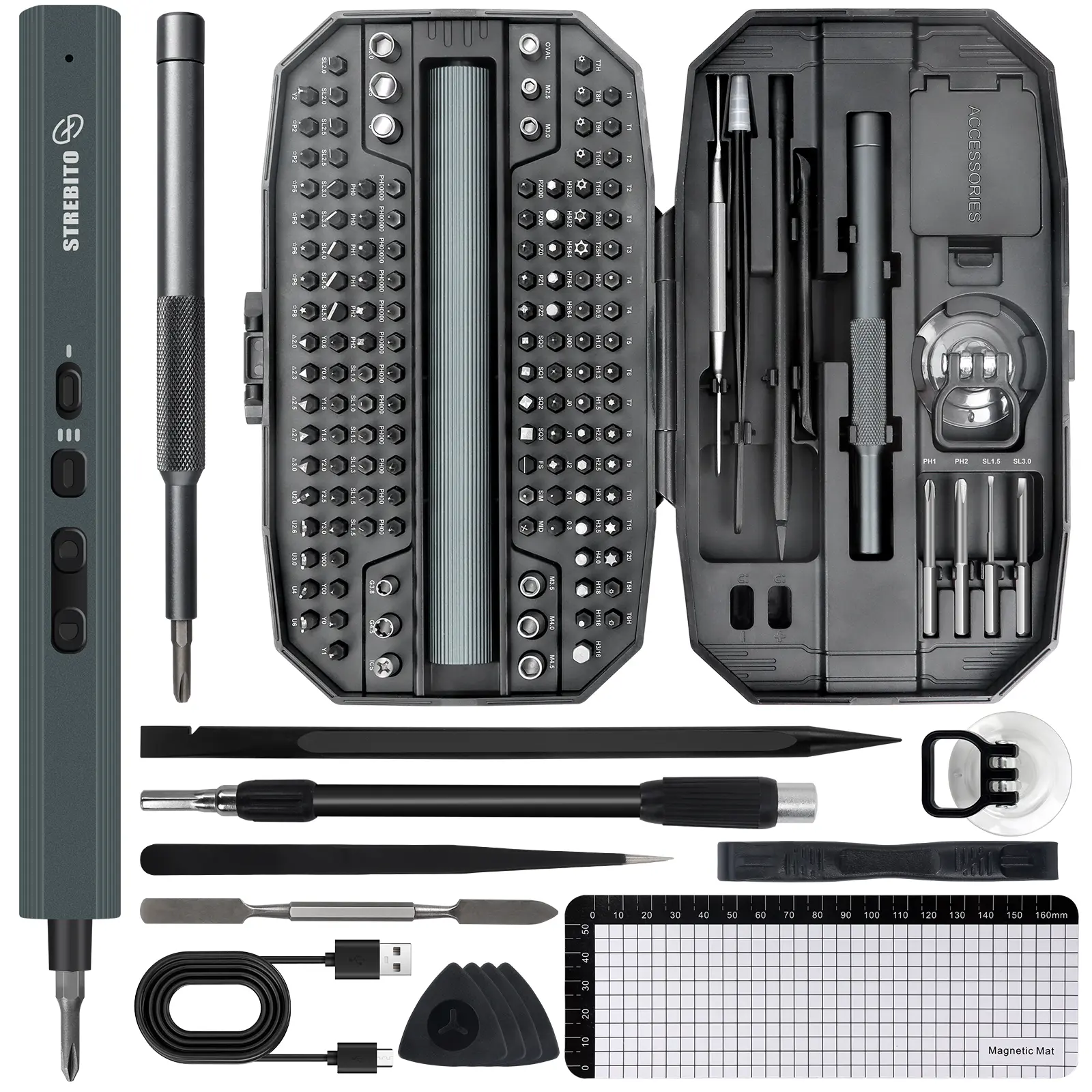 STREBITO Electric Screwdriver 155 in 1 Mini Set with 3 Torque Settings, 140 S2 Magnetic Bits, 650mAh Power, Repair Tool Kit for PC Phone tools gadgets