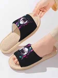 Cyberpunk Cat-ear Anime Girl Pattern | Edgy Techwear Style 1 Pair Linen Breathable Non-Slip Sweat-Absorbent Home Slippers For Anime Fans/Trendy Men & Women (Spring Summer/Lounging)