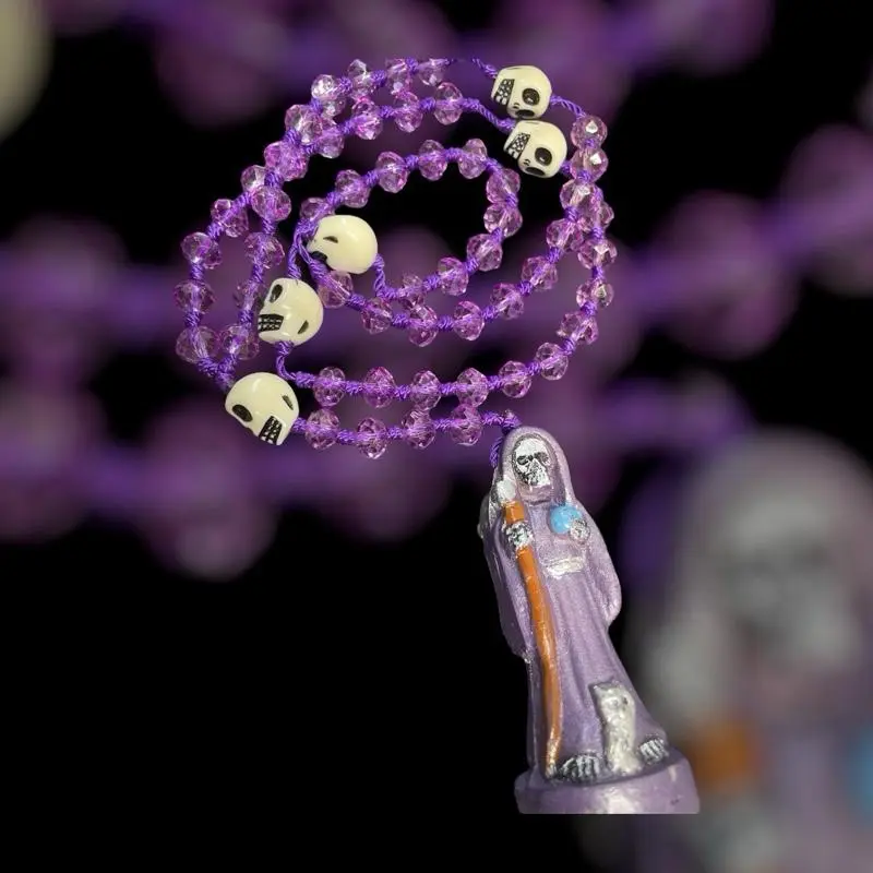 Purple Holy Death Rosary with Skull Beads and Purple Figure Charm Handmade Necklace Jewelry Design Gothic Style