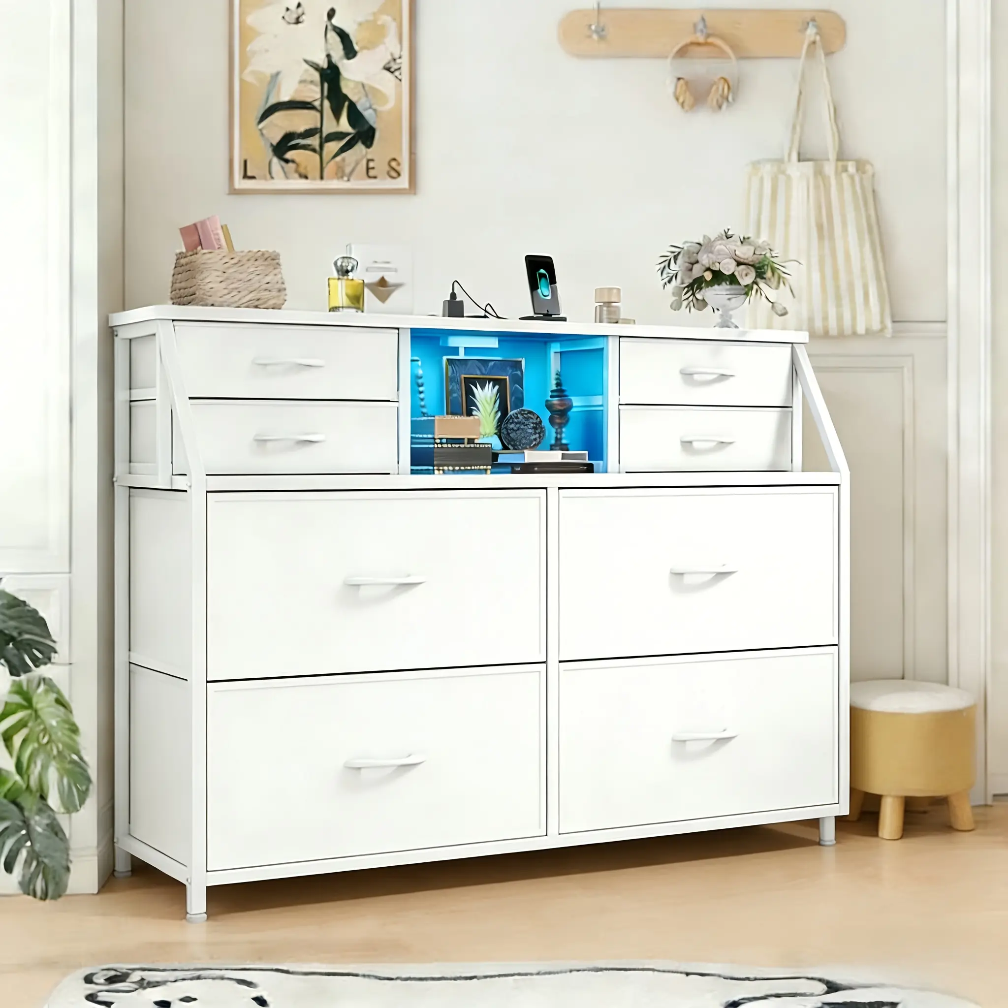 [24H-Customer Support] RaybeeFurniture Cute 8 Drawer Dresser for Bedroom, Smart LED Dresser with Charging Station, Steel Frame Storage Cabinet for Bedroom, Living Room & Hallway, 2-Tier Open Shelves