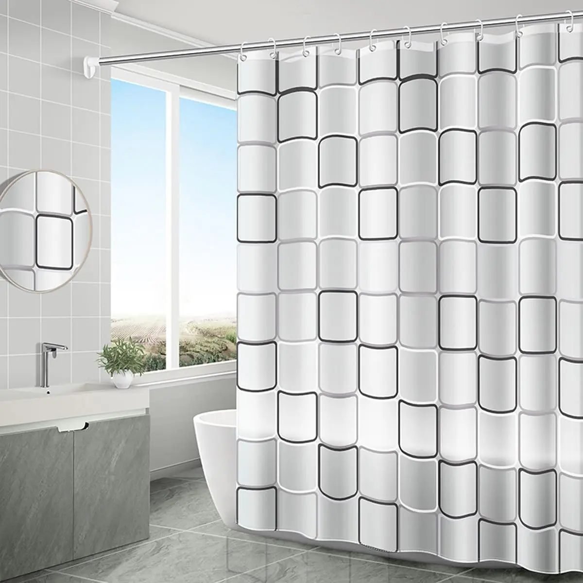 Shower Curtain Liner with 12 Plastic Hooks, 72x72 Inch Plastic Shower Curtain Liner for Shower Stall & Bathtubs, Bathroom Curtains Shower Curtain and Liner Set (Black Grid)