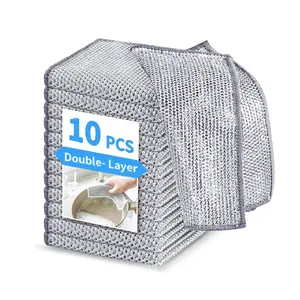 Double-Layer Dishwashing Rags 10 Counts Multipurpose Non-Scratch Wire Dishcloths for Wet & Dry Use Reusable Cleaning Cloths for Kitchen Sinks and Pans Silver Removable Washable