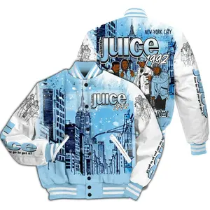 Juice Graphic Varsity Jacket Unisex, Urban Streetwear Style, All Over Print Bomber Coat, Trendy Fashion Gift Idea