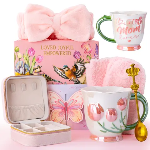 7-Piece 18oz Ceramic Tulip Coffee Mug Set - Floral Print, Playful Flower-Shaped Handle, Themed Gift Box, Surprise Inclusions: Headband, Spoon, Socks, Butterfly Card, Jewelry Case - Mom Present for Mother's Day, Birthday, Festive Drink Cup Gift Baskets