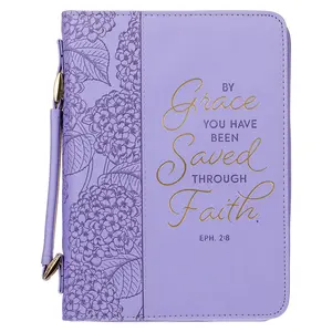 Saved by Grace Hydrangea Lavender Faux Leather Fashion Bible Cover - Ephesians 2:8 (Large)