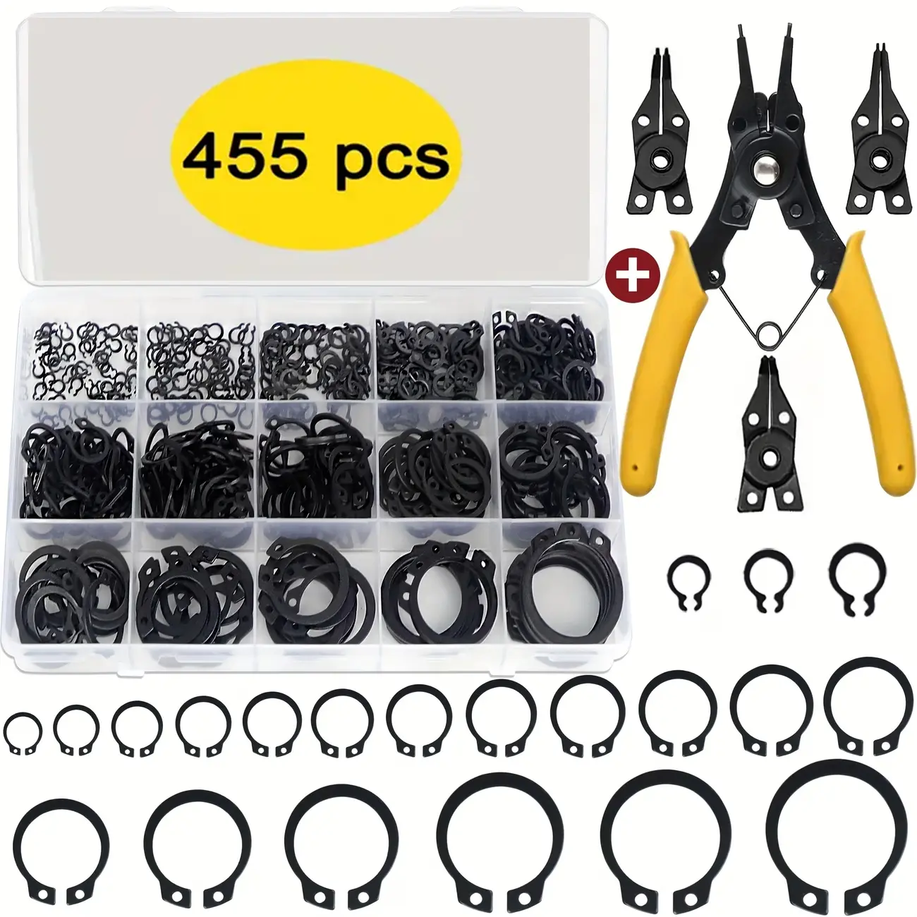 455 box set of manganese steel shaft clamp spring C-type outer clamp ring+1 clamp spring pliers, inner and outer clamp spring buckle ring combination kit, suitable for pin buckle and internal and external mechanical maintenance