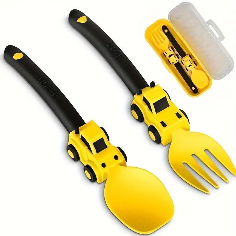 Summerwins Kids-Safe 3-Pcs Construction Tableware Set, Colorful Yellow Toddler Self-Feeding Cutlery with Fork, Spoon & Travel Case, Easy-to-Hold Silverware for Toddlers, Lead-Free Reusable Children's Sets, Kids-Safe Children's Sets