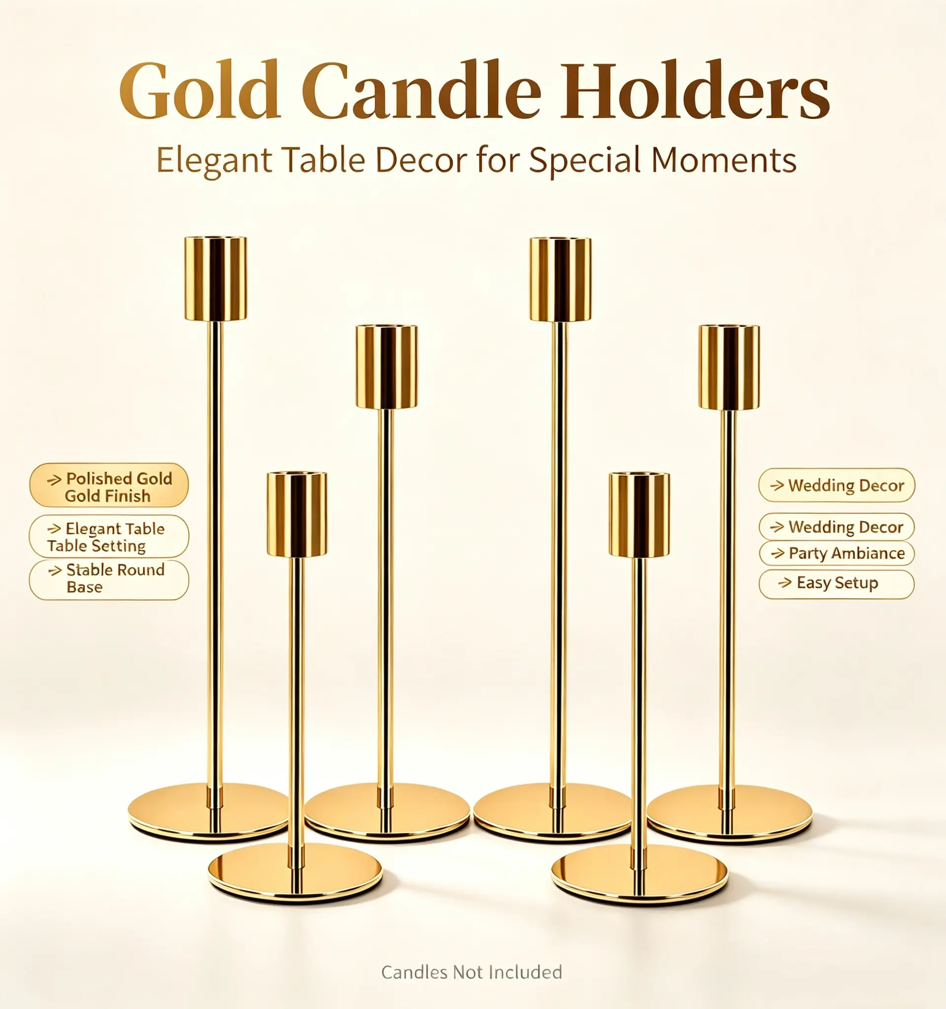 6-Piece Gold Plated Metal Taper Candle Holders, Decorative Accents Candleholder Sets, Elegant Table Centerpieces for Wedding, Home Party Decor