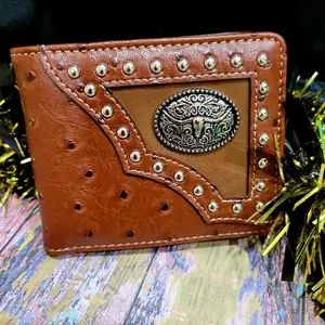 Longhorn  Western wallet Ostrich pattern short bi-fold faux leather with Longhorn concho
