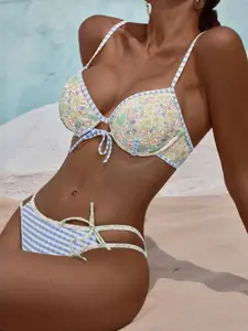 Women's Two-Piece Bikini Set, Cute Floral Print Striped Design, Thin Shoulder Strap Beachwear, Floral Print Swimsuits, Perfect for Vacation & Summer, Tie Side Bikini, Floral Print Bikinis