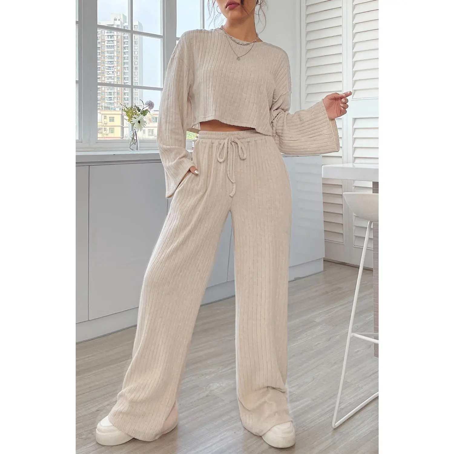 Khaki Ribbed Long Sleeve Crop Top & Drawstring Pants Set