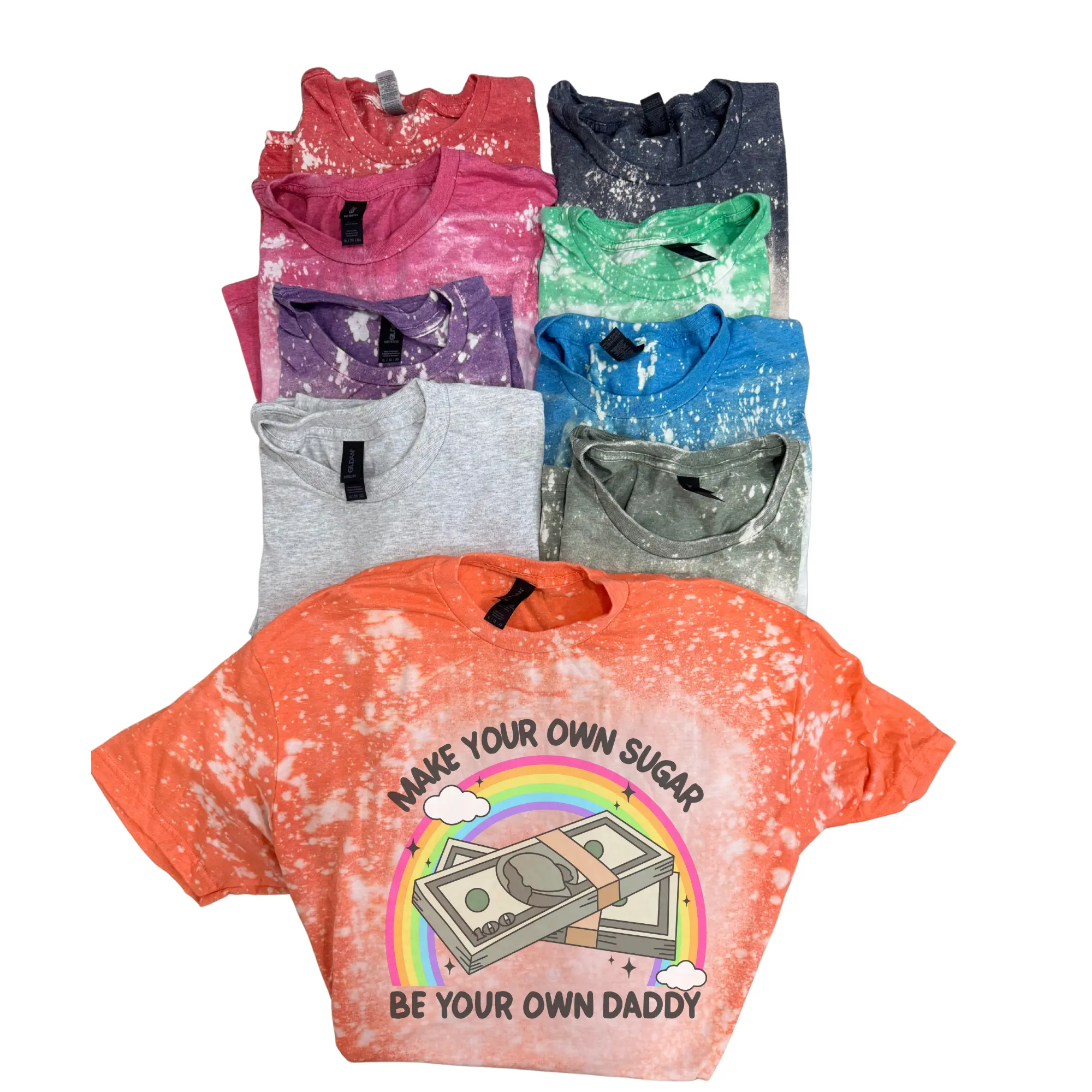 Make Your Own Sugar Be Your Own Daddy Women's Petty Funny Graphic Bleached T-Shirt - G Blue Sublimated, Streetwear, Comfy Round Neck Short-Sleeve, High-Quality Fabric, "Make Your Own Sugar Be Your Own Daddy" Print