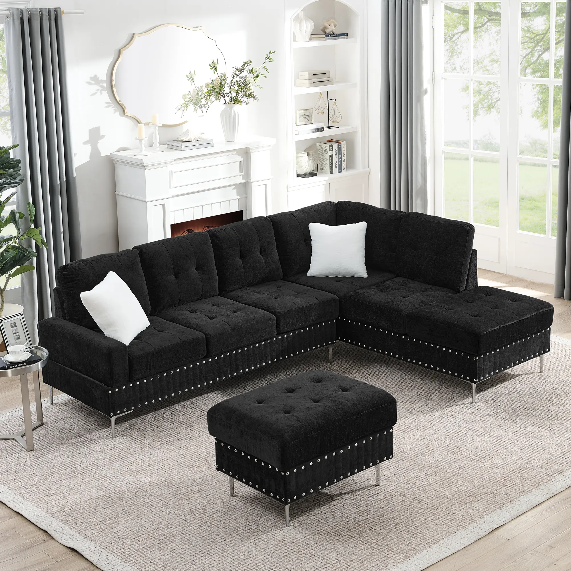 Vintage 102" L-Shaped Sectional Sofa with Chaise - Sturdy 3-Seat Couch, 102"w x 76"d x 35"h, Hardwood Frame, Metal Legs, Rivet Accents, Storage Ottoman, Classic Rustic Beige Living Room Furniture, 300 lbs per Seat (Ships in 3 Boxes), Three Seats, Fixed Ar