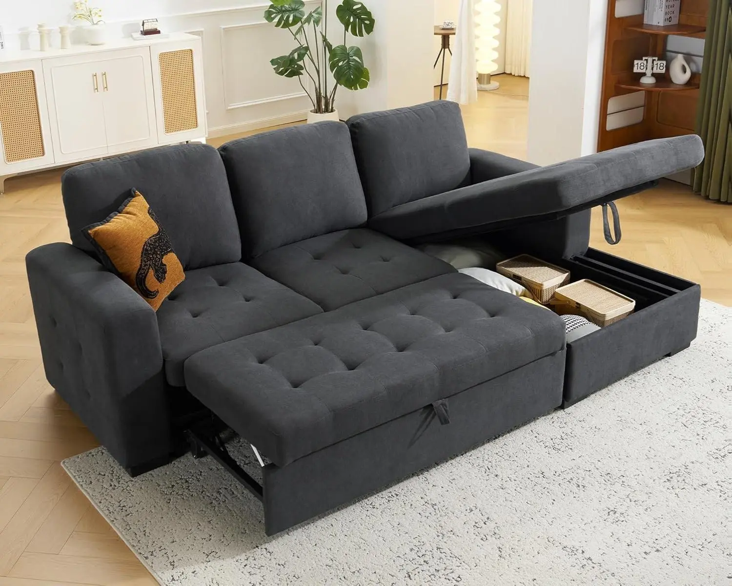 [Summerwins] [SummerFinds] AMERLIFE Sleeper Sofa, Large Pull Out Sofa Bed with Storage & Thick Armrest, Tufted Sectional Couch for Living Room Apartment, Oversized Couch
