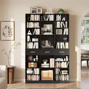 75" Tall Bookcase with Drawers, 47" Wide Large 9-Tier Farmhouse Wooden Bookshelf Storage Cabinet with Adjustable Shelves for Living Room Office