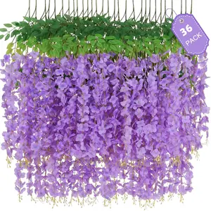 36pcs Artificial Wisteria Flowers 3.6 Feet/Piece Purple Dense Artificial Fake Wisteria Vine Ratta Hanging Garland Silk Flowers String Home Party Wedding Decor（Purple-Dense）