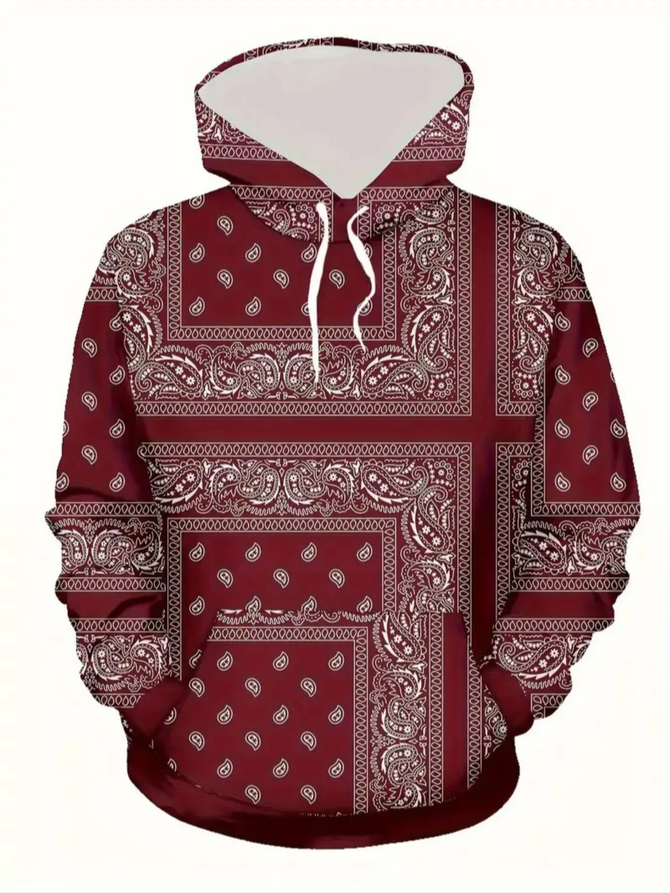 Men's Casual Hooded Sweatshirt, Fitted, Long Sleeve, Paisley Print, Polyester Knit Fabric, Kangaroo Pocket, Slight Stretch, Outdoor Sports Wear, Print Pocket Hoodie