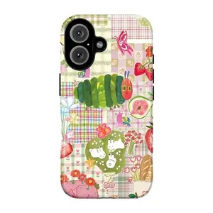 Cute Caterpillar Fruit Collage Tough Case for iPhone 11–17 Pro, Pro Max, Plus Pastel Plaid Aesthetic Protective Shockproof Phone Cover Gift For Her Him Women Men