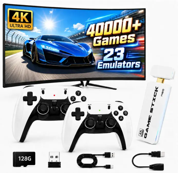 2026 Upgraded Retro Gaming Console, 40,000+ Retro Game Stick, 23 Emulators, 128GB Built-in Classic Video Games, 4K HDMI Plug and Play TV Gaming System, 2 Wireless Controllers for Family Entertainment