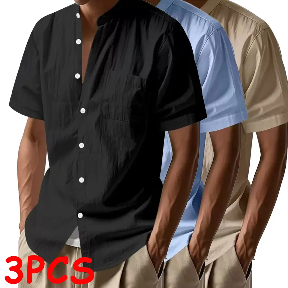 Solid color plain short-sleeve button-up shirt, regular fit casual comfortable top for summer, men’s clothing for daily wear, pajamas, loungewear, menswear everyday Beige Gamis