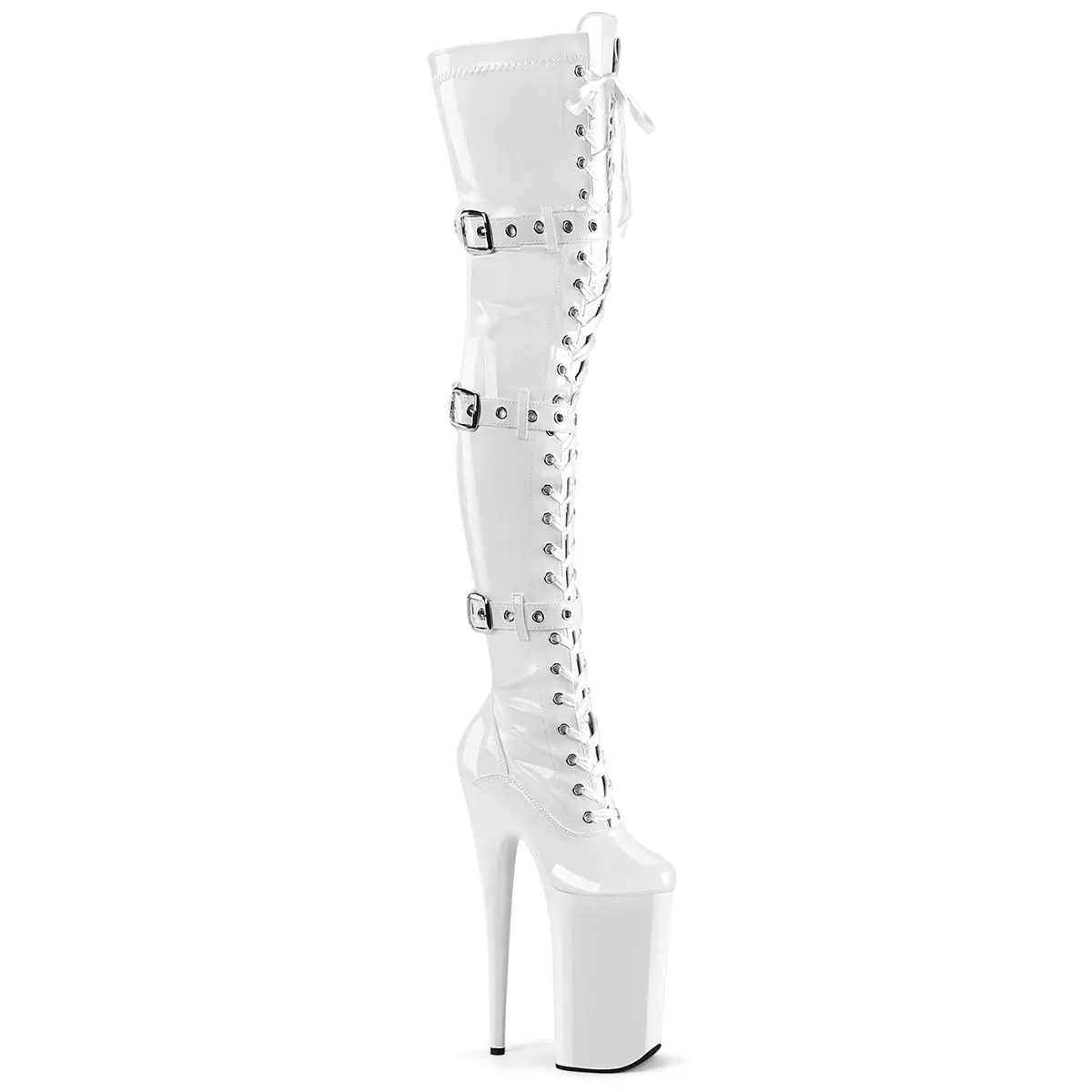 Women's Glossy White Patent Thigh High Boots - 10-Inch Extreme Heel Platform Footwear with Front Laces, Triple Buckles & Side Zipper, Boot, Glossy White Patent Finish, Synthetic, Photoshoots, Over-The-Knee, Patent Synth.