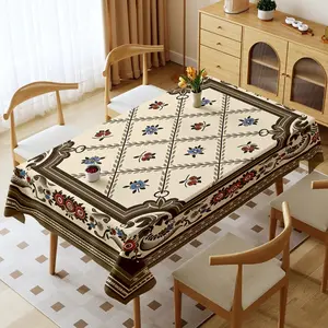 Rectangular Cream Tablecloth with Intricate Patterns, Border Floral Motifs, Waterproof & Oil - Proof, Thickened Polyester, Washable for Home, Outdoor, Family, Camping, Anniversary, Graduation, Thank You Gift, Cozy Dining Decor