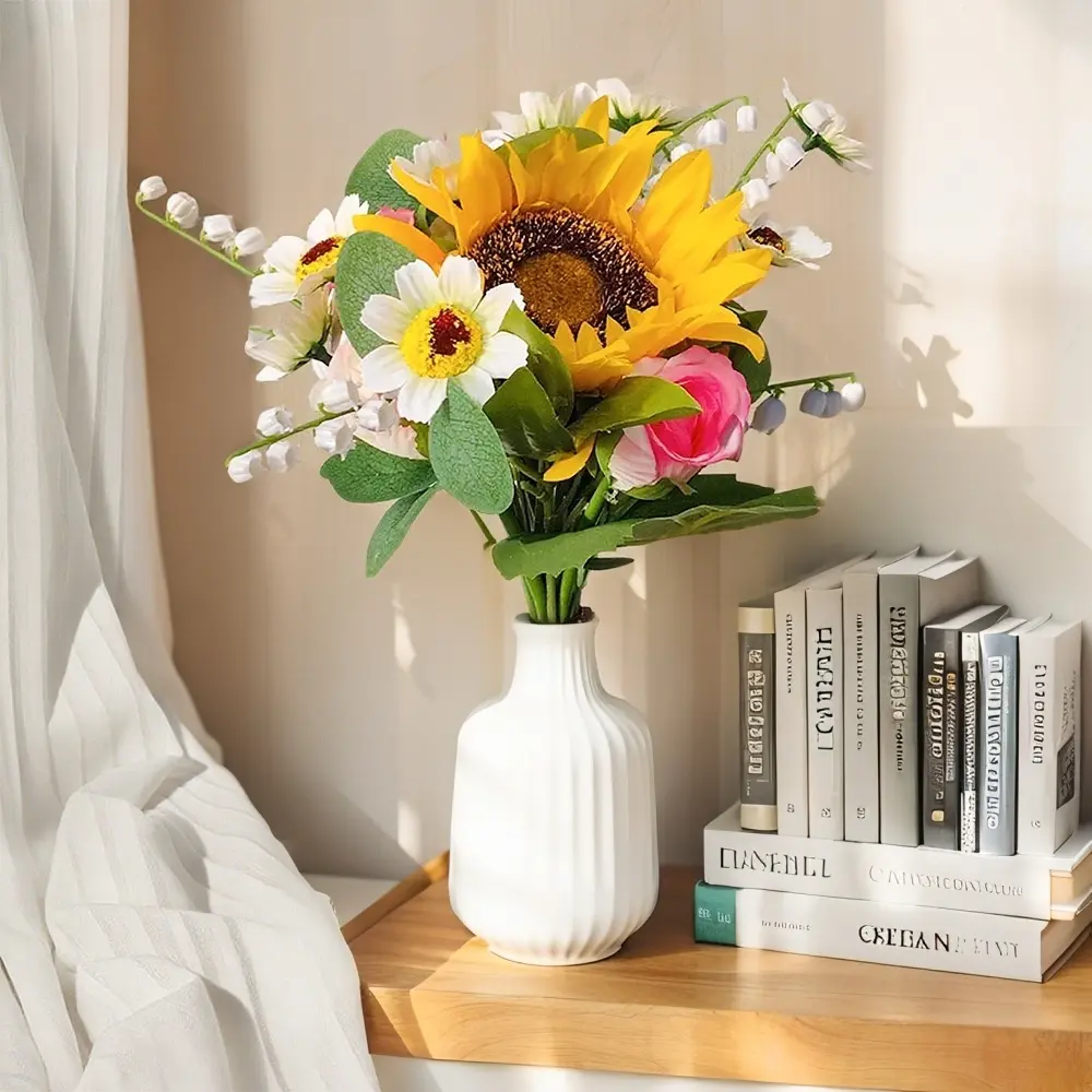 Artificial Sunflower Rose Windflower Bouquet, Farmhouse Style Home Decor, Tabletop Vase Filler, Bridal Handheld Flower Arrangement