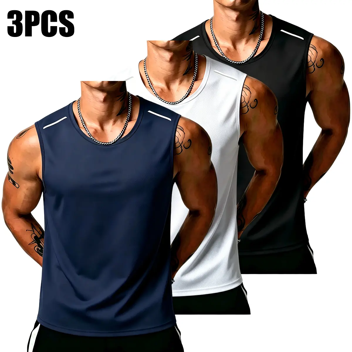 3‑PACK Men’s Crew Neck Reflective Shoulder Stripe Quick Dry Athletic Tank Tops, H‑Shape Loose‑Fit Breathable Sleeveless Shirts, Versatile for Daily Casual Wear, Gym Workouts, Running & All‑Purpose Outdoor Activities