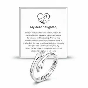 Hug Ring for My Daughter – Symbol of Love and Protection, Adjustable Open Ring with Engraved Hug Design, Inspirational Jewelry Gift for Daughter