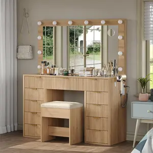FUSOU 47“W Fluted Vanity Desk, 11 Drawers Makeup Vanity with Power Outlet & Lighted Mirror, 3 Lighting Modes Adjustable, Vanity Set with Glass Top, Vanity Table with Chair for Bedroom, Dressing Room, Natural