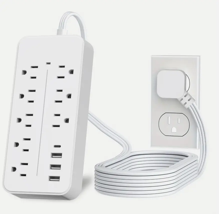 White Rectangular Flat Plug Surge Protector Power Strip Charging Hub - 8 Outlets, 3 USB-A Ports, 1 USB-C Port, 1700J, Wall Mount Single Unit with Long Extension Cord for Indoor Home Office Desk Use