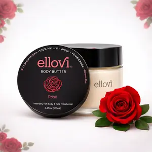 Ellovi Rose Body Butter 100% Natural Vegan Moisturizing Cream with Essential Oils for Aromatherapy & Healing Properties 3.4 fl oz