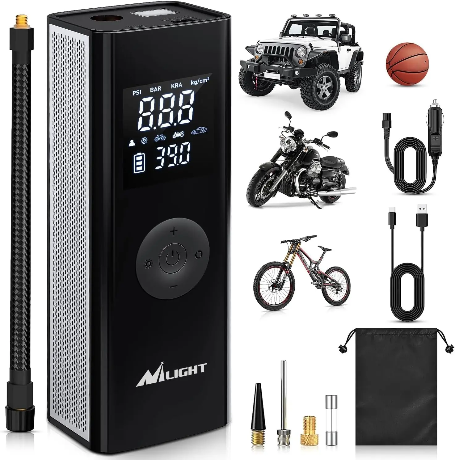 Nilight Cordless Tire Inflator, 150PSI 12VDC Rechargeable Battery-Powered Portable Air Compressor with Digital Gauge, LED Lights, Fast Inflation for Cars, Motorcycles