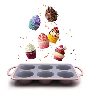 Nonstick Silicone Muffin Pan 6 Cups, Food Grade BPA Free Cupcake Mold, Large Size Baking Tray for Muffins, Cupcakes, Frittatas, Quiches & More - Oven Safe, Easy Release, Reusable Bakeware