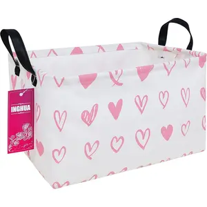 Rectangular Fabric Storage Basket Organizer Bin for Toys Books Clothes Gifts Pets Perfect for Home Office Nursery Dorm Shelf Pink Hearts