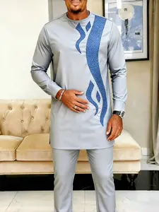 Men's Muslim Style Kaftan Set, Round Neck Long Sleeve Embroidery Design, Casual Modern African Clothing for Weddings Festivals Business Fasting Gifts