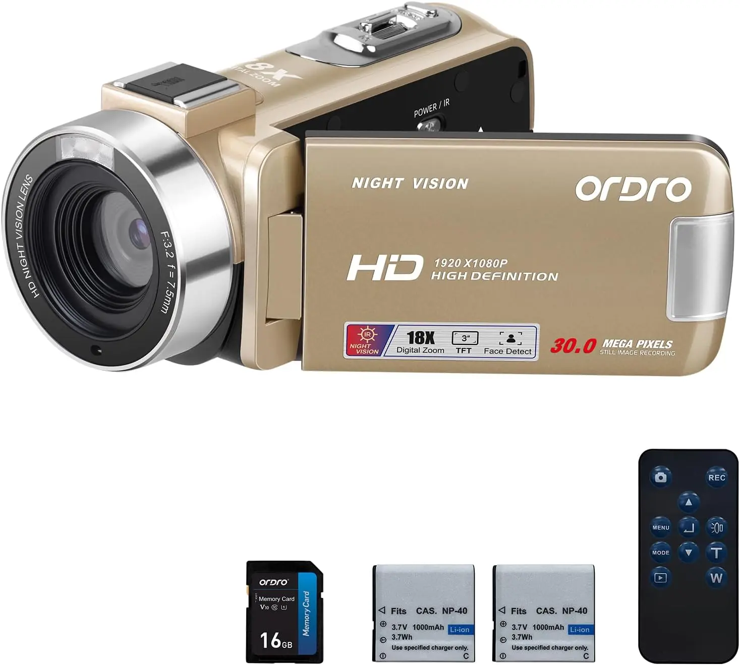 ORDRO Video Camera Camcorder 1080P 30FPS Digital Camera, IR Night Vision Vlogging Kids Video Camera for Beginners YouTube, 3.0'' IPS Screen 18X Zoom Camcorder with 16G Card, 2 Batteries affordable