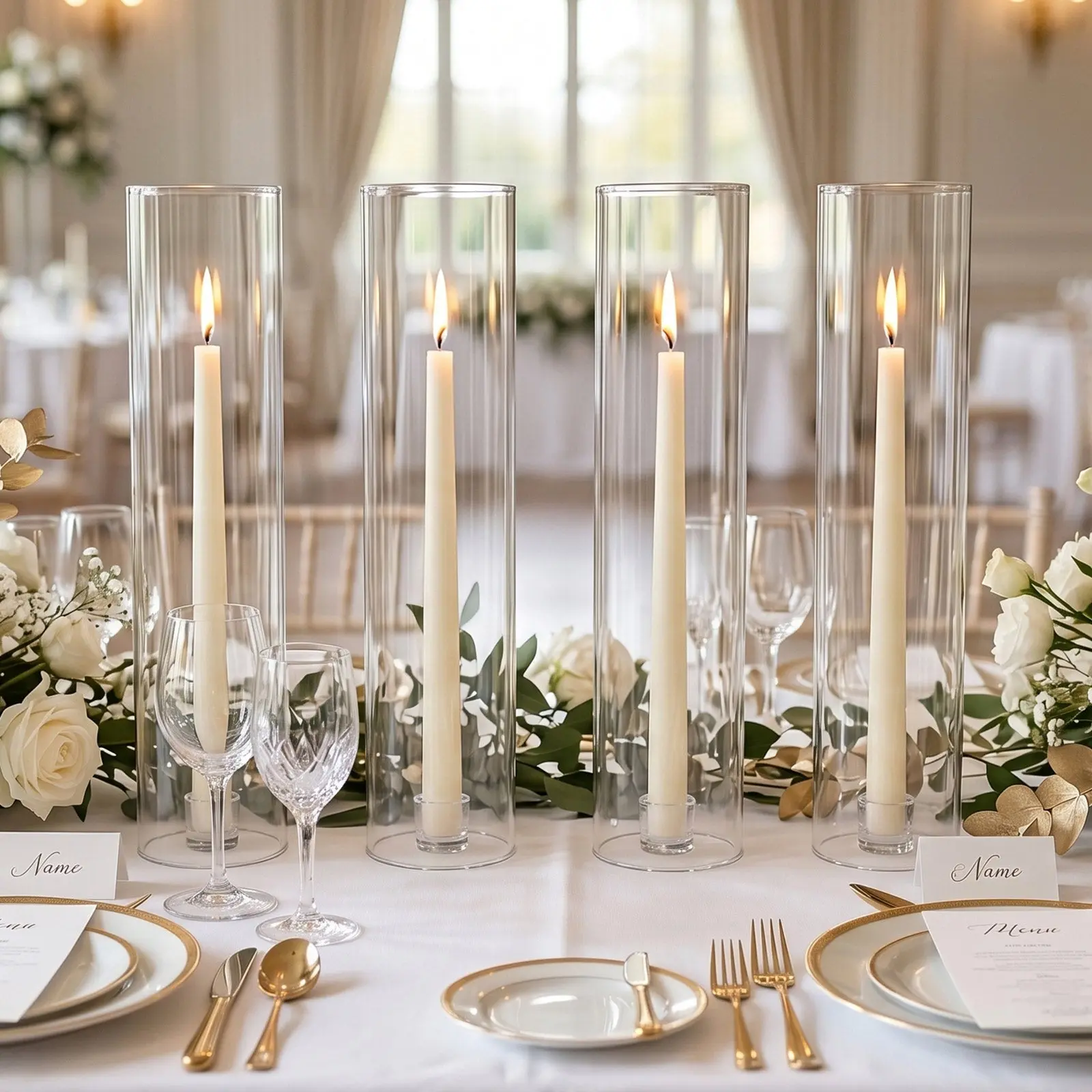 2 Pack Clear Glass Candelabra Shades, Open End Hurricane Design 20" Tall x 4" Dia - Cylinder Candle Covers