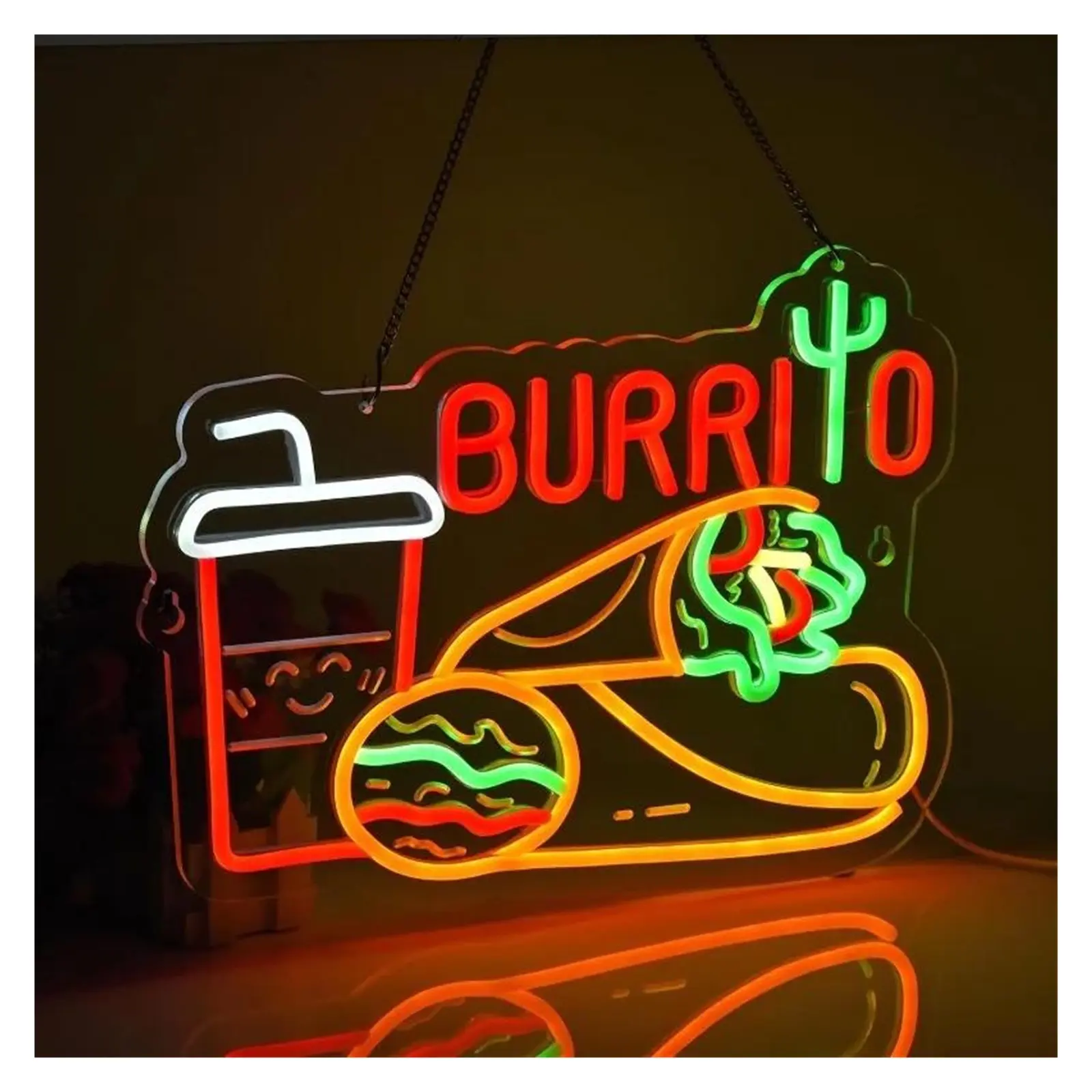 Burrito Neon Sign Mexican Restaurant Dining Room Kitchen Store/Truck, Bar, Pub, USB Powered 40cm×30cm