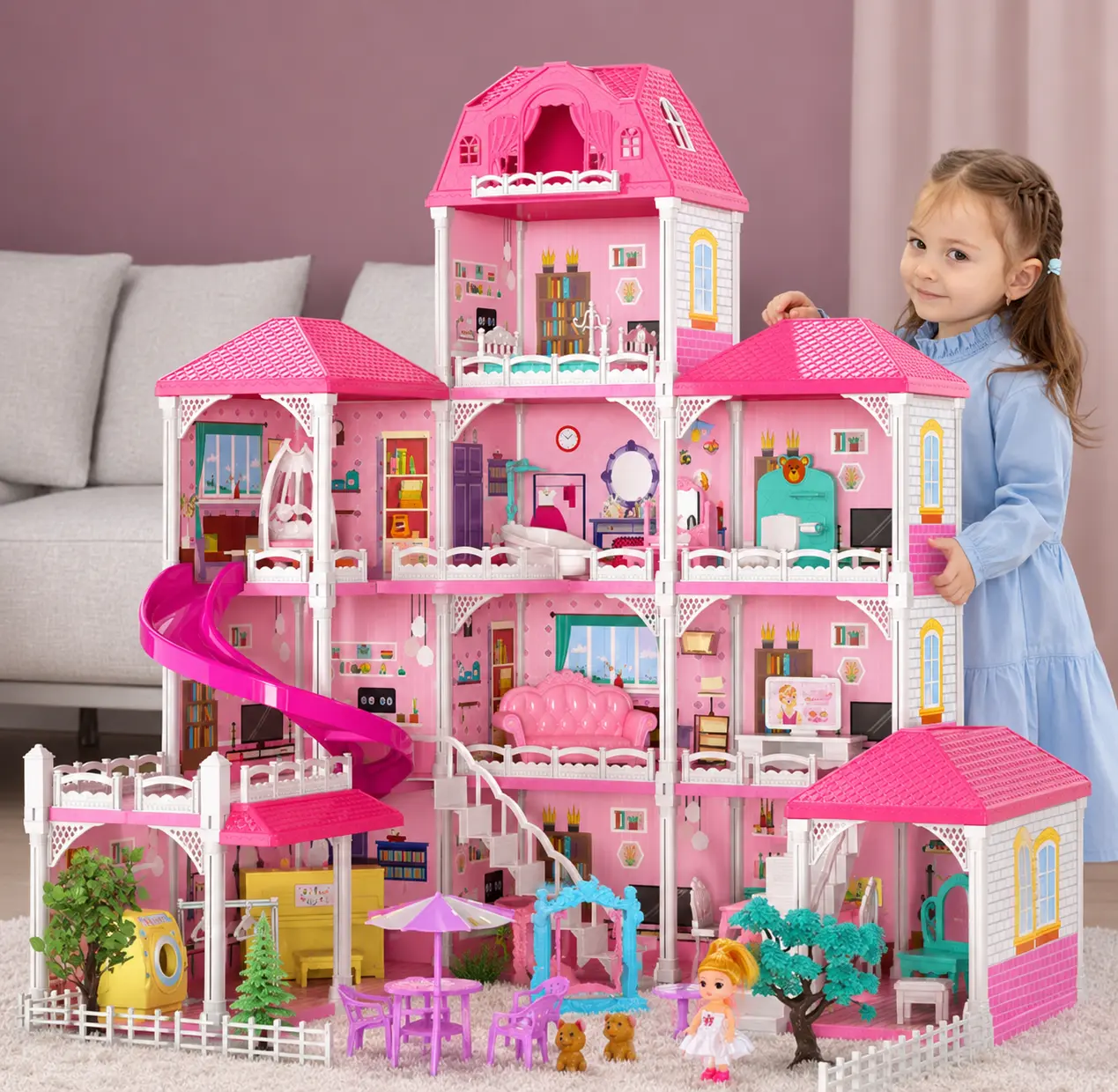 Pink Dream Mansion Doll Villa Block Set for Girls Ages 3+,Fully Equipped Dollhouse with Bright LED Lights&Play Slide,Multi-Room Layout Contains Independent Living Room,Kitchen,Music Room,Attic and Bedroom,Freely Assembleable Educational Building Toy