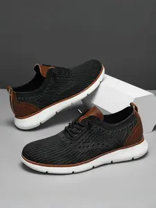 Men's Gray & Brown Color Block Plus Size Flyknit Shoes | Breathable Hollow Mesh | Leather Patchwork Texture | Soft Elastic Anti-Slip Sole | Versatile Daily Commute Shoes