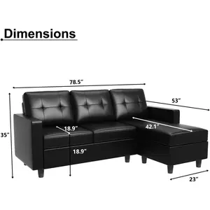 Faux Leather Sectional Sofa Convertible L Shape Couch for Small Space, Black