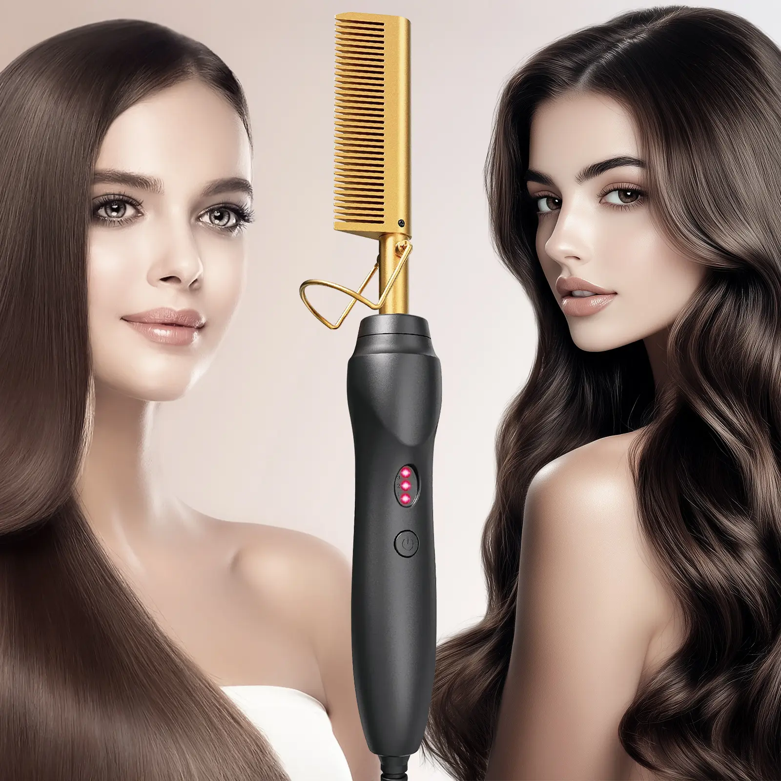 2-in-1 Electric Curling Comb & Hair Straightener, Fast PTC Heating Styling Brush with Aluminum Alloy Barrel, 3 Temperature Settings for Smooth Straight or Natural Curly Hair Styling