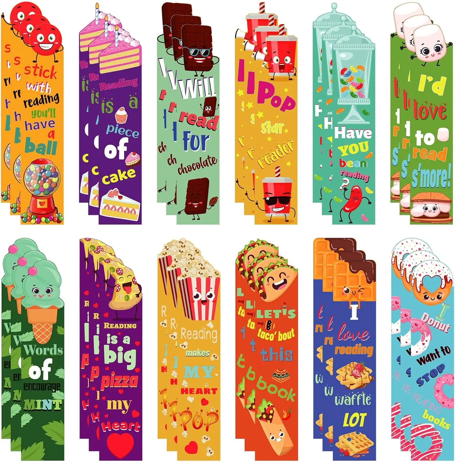 Scented Bookmarks Fruit Scratch and Sniff Bookmarks Fun Book Marks Classroom Bookmarks Colorful Chocolate Popcorn Donut Dessert Bookmarks for Kids Teenagers School Office Home, 12 Styles (36 Pieces)