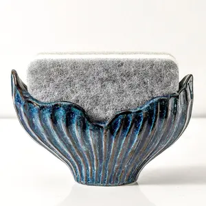 Sponge Holder for Kitchen Sink, Ceramic Sponge Holder with Fishtail Design, Sink Sponge Holders  Organizer for Countertop, Farmhouse Kitchen Decor, Compact Sponge Holders(Blue)