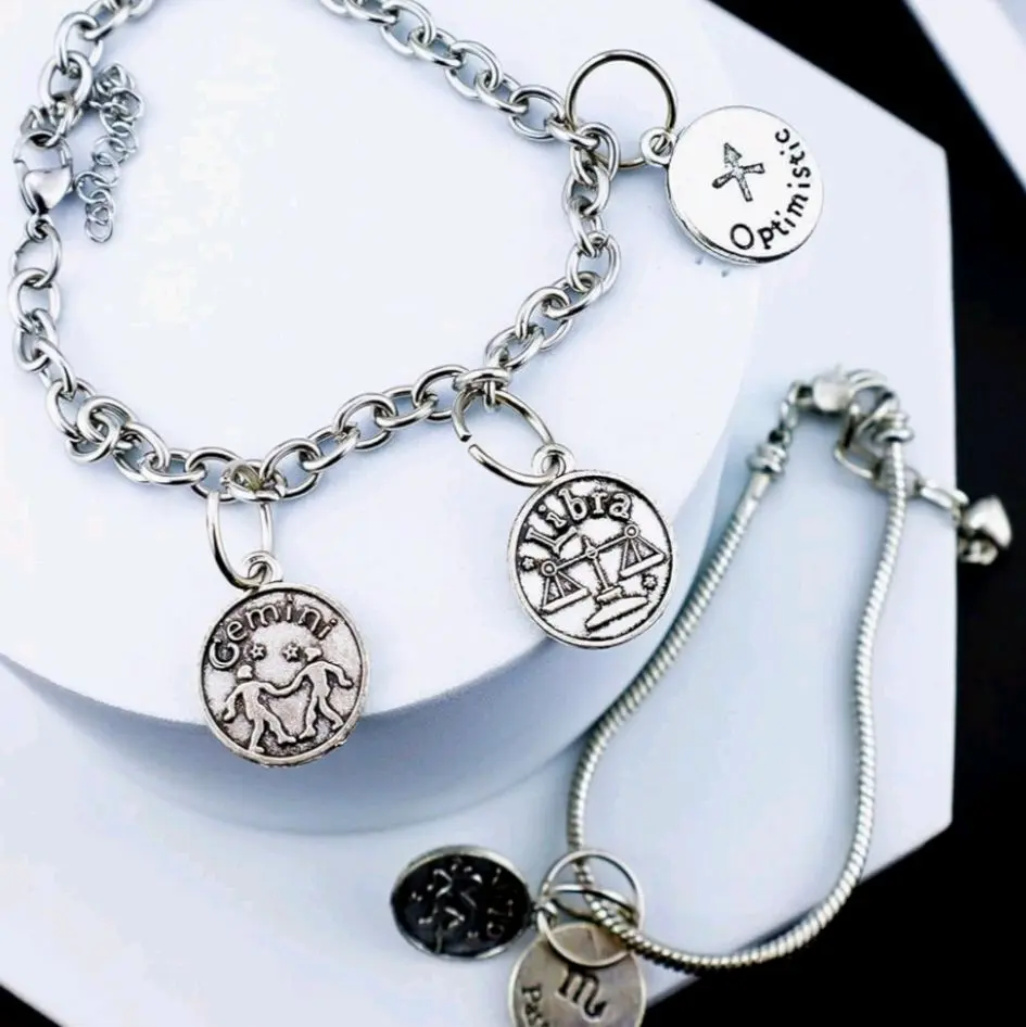Zodiac Charm Bracelet with Gemini Libra and Optimistic Charms in Silver Tone for Astrology Lovers
