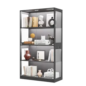 Premium 4-Tier Glass Display Cabinet with 3-Color LED Lights & Motion Sensor, 65-Inch Tall Curio Cabinet with USB Type-C Charging Ports, Tempered Glass Bookshelf Storage Shelf for Gaming Room Collectibles Action Figures & Living Room Decor
