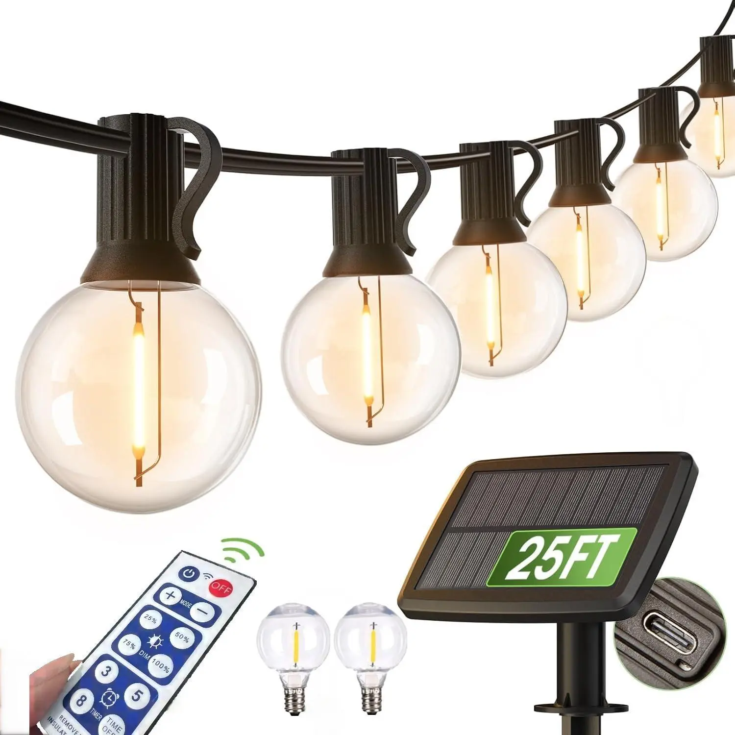 Solar Outdoor String Lights Patio Bistro Lights, 25ft 267LED G40 Bulbs, USB Rechargeable Portable Edison Café String Lights for Porch, Pergola, Backyard, Garden, Pool, Party, Camping