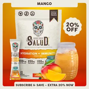 Salud 2-in-1 [Hydration + Immunity - Mango] Electrolytes Powder, Agua Fresca Drink Mix, Elderberry, Dairy & Soy Free, Non-GMO, Gluten Free, Vegan, Low Calorie, 1g Sugar (15 Servings)